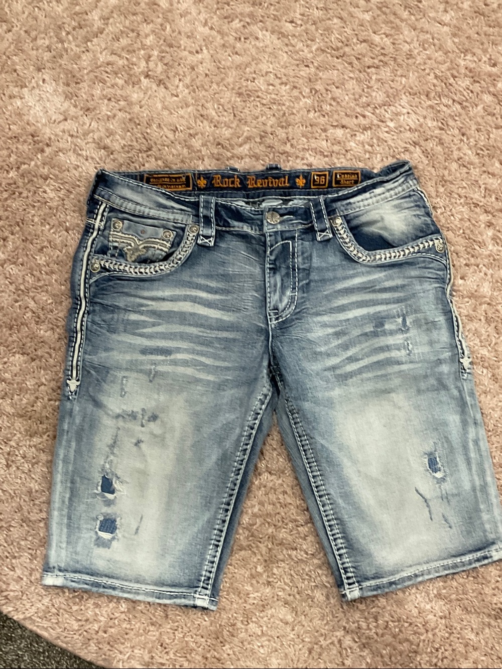 Men’s Rock Revival Light Blue Distressed Denim Shorts with Chain Trim